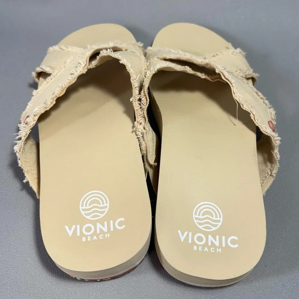 Vionic Boardwalk Panama Beige Canvas Crisscross Slip-On Slide Sandals